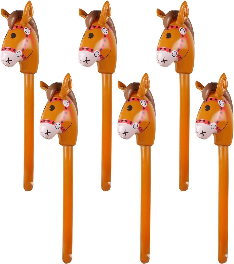 6PCS Inflatable Stick Horse,Blow Up Horse Head on Stick Pony Costume Western Cowboy Cowgirl Baby Shower Birthday Party Decorations Halloween Supplies Favors Props, 38 Inches (Brown)