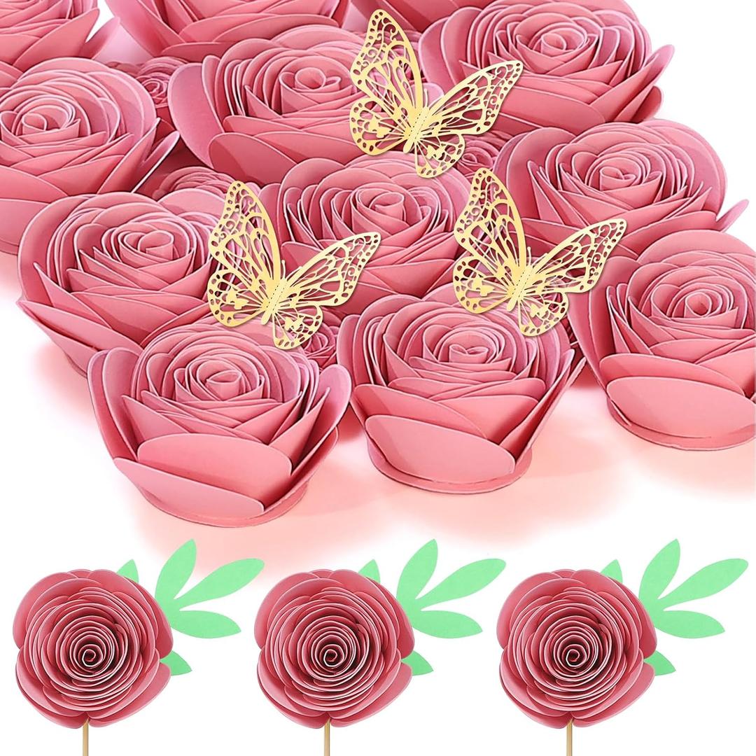 Dusty Rose Flowers 3D Rolled Roses Paper Flowers Decorations for Custom Shadow Box Frame, Mini Artificial Crafts DIY Birthday Gift (18 Pieces, Bright Pink)