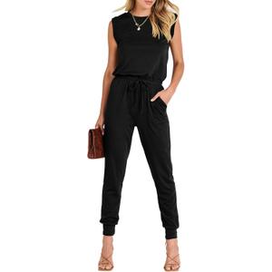 ANRABESS Womens Summer Crewneck Sleeveless Casual Dressy Loose Stretchy Jumpsuits Rompers 2025 Trendy Outfits (Small, Black)
