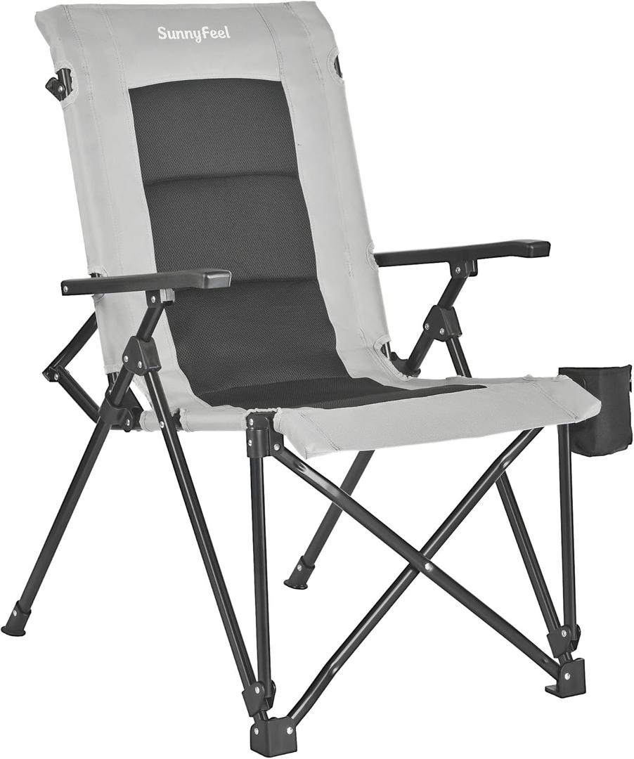 SUNNYFEEL Ergonomic High Back Camp Chair - 500lbs Heavy Duty Folding Chair, UV-Resistant Portable Camp Chair with Hard Armrests, Cup Holder Bag for Outdoor, Basebal, Travel, Sports, Hiking, Fishing (Oxford Fabric Grey)