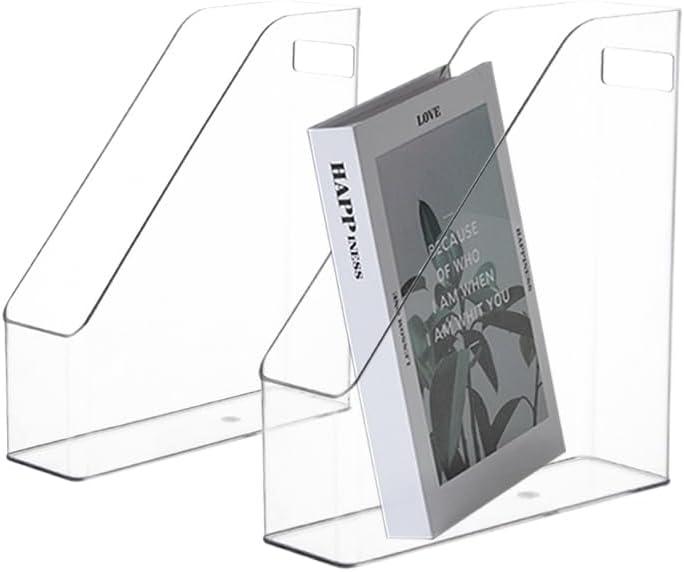 Voittozege 2 Pack Clear Acrylic Magazine File Holder Plastic Desk Organizer with Handle, Acrylic Vertical File Folder Bin Storage File Folders Magazine Rack Document Storage Organizer for Home Office (white)