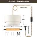 Plug in Pendant Light, 2-Tier Drum Linen Pendant Lights with 15.7FT Handmade Woven Light Cord17.7" Plug in Chandelier for Dining Room Kitchen Island and Bedroom