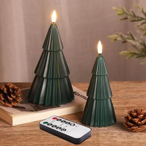 Green Christmas Tree Flameless Candles with Remote, Battery Operated Winter LED Candles Holiday Table Centerpieces Decor Set of 2