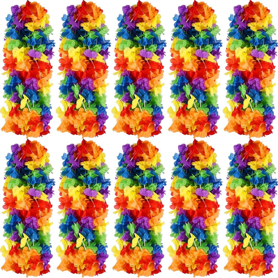 Hananona 100 Pcs Hawaii Leis Colorful Flower Garland Hawaiian Luau Party Flowers Neck Loop, Rainbow Artificial Flowers Luau Leis Necklaces for Hula Leis Dance LGBT Pride Party Favors (100, Rainbow)