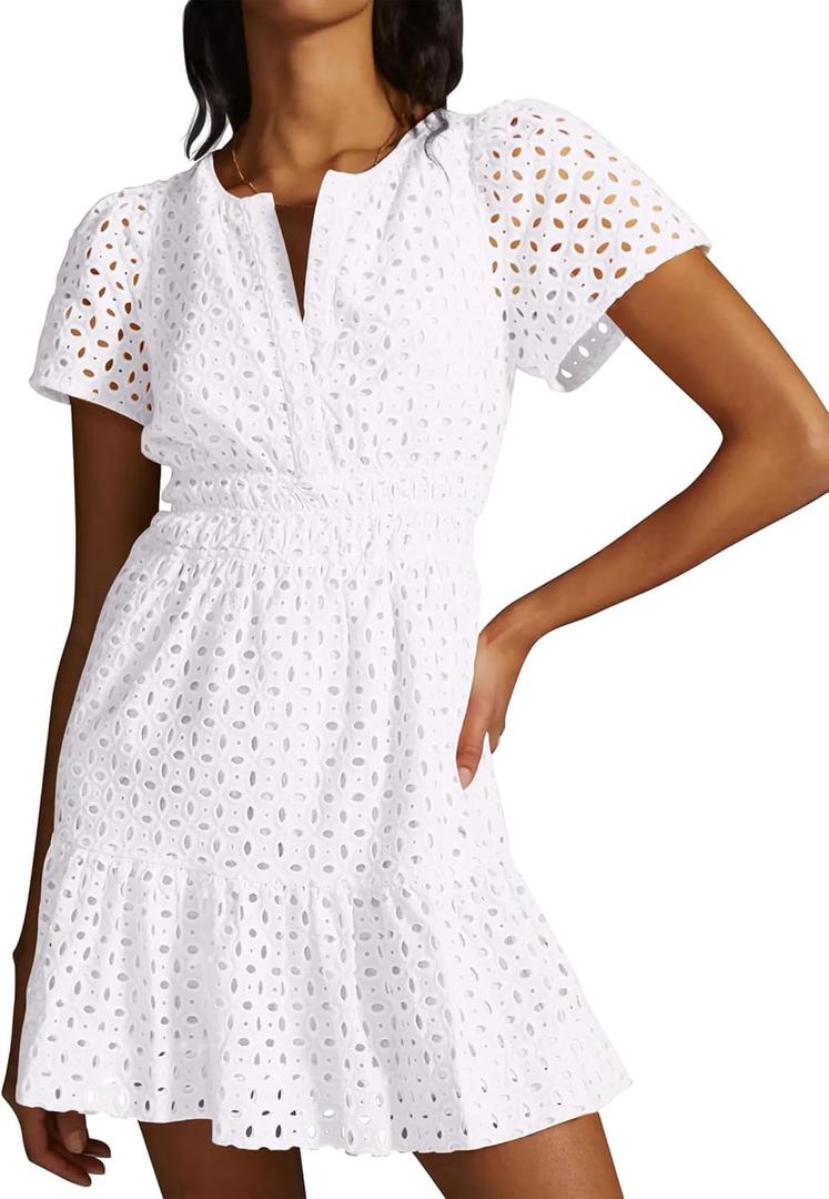 Women's 2024 Summer Short Sleeve Dress V Neck A Line Hollow Out Short Dress Cute Casual Beach Party Cocktail Dresses (Large, White)
