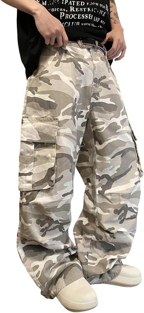 DFGIGT Mens Denim Baggy Pants with Cargo Pockets Mid Weight Casual Streetwear Wide Leg Jeans Hip Hop Skater Trousers (Large, E15 Camo)