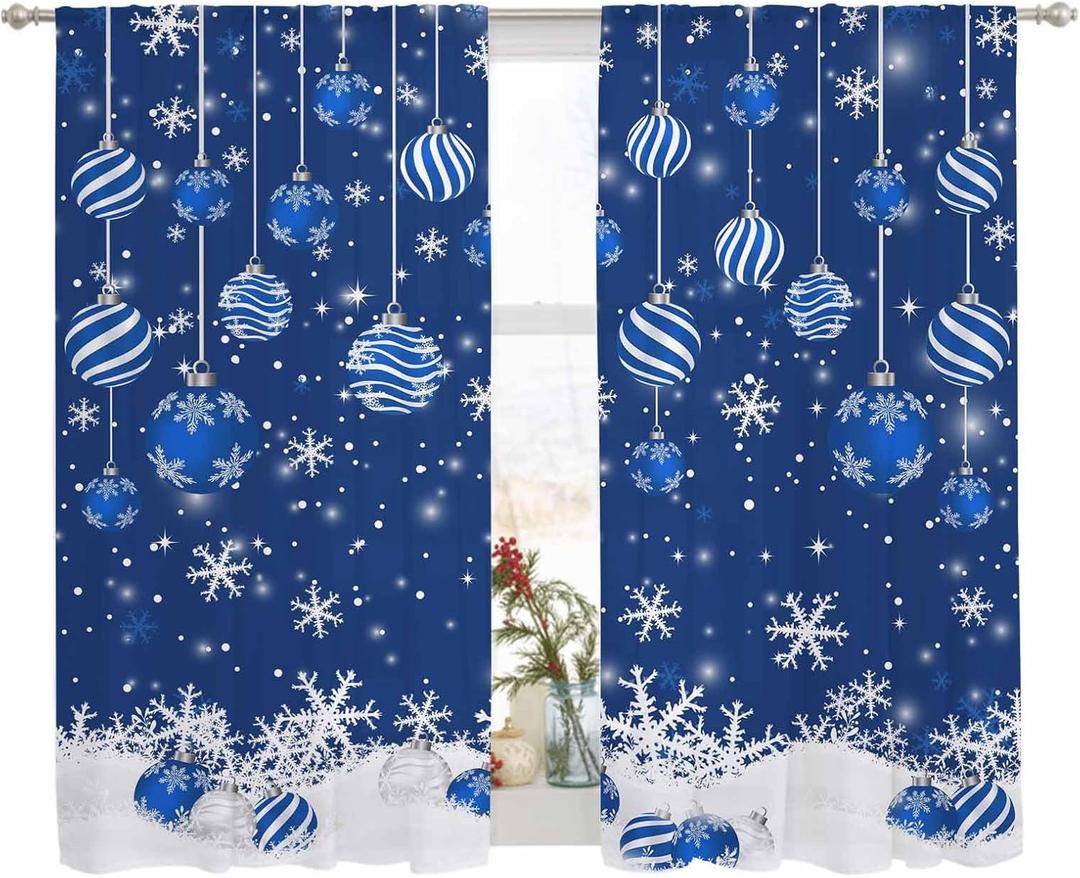 Christmas Sheer Curtains 72 Inches Long, Navy Blue Christmas Balls Winter Snowflake Window Treatment Panels Light Filtering Rod Pocke Curtain Voile Drapes for Bedroom/Living Room Each 52" W x 72" L