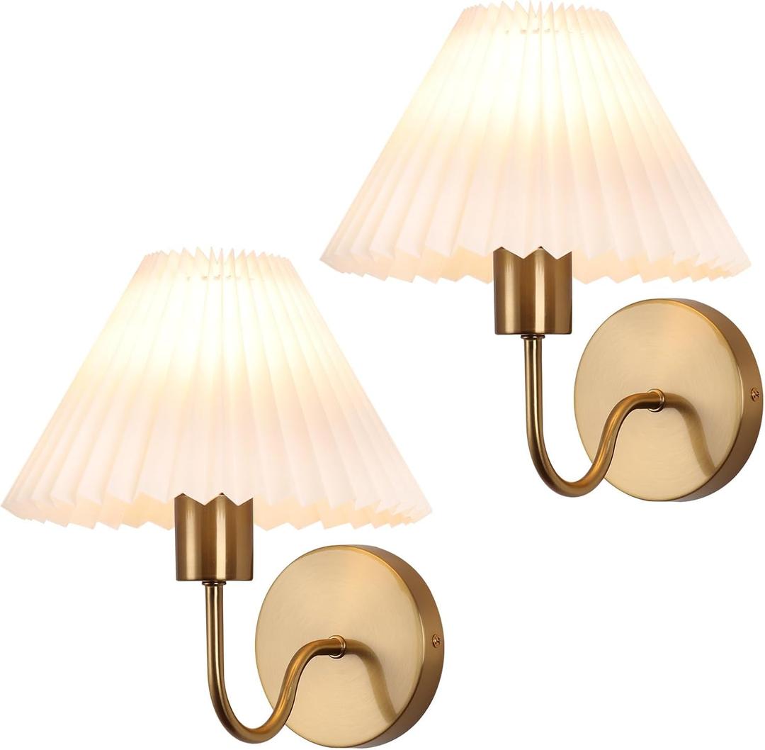 Brushed Gold Wall Sconces Sets of 2, White Pleated Fabric lampshade, Indoor Gooseneck Wall Lamp Lighting, Bathroom Dresser Hardwired sconces wall decor Fixture for Living Room Bedroom Dining Room (10.43 inches), Gold 