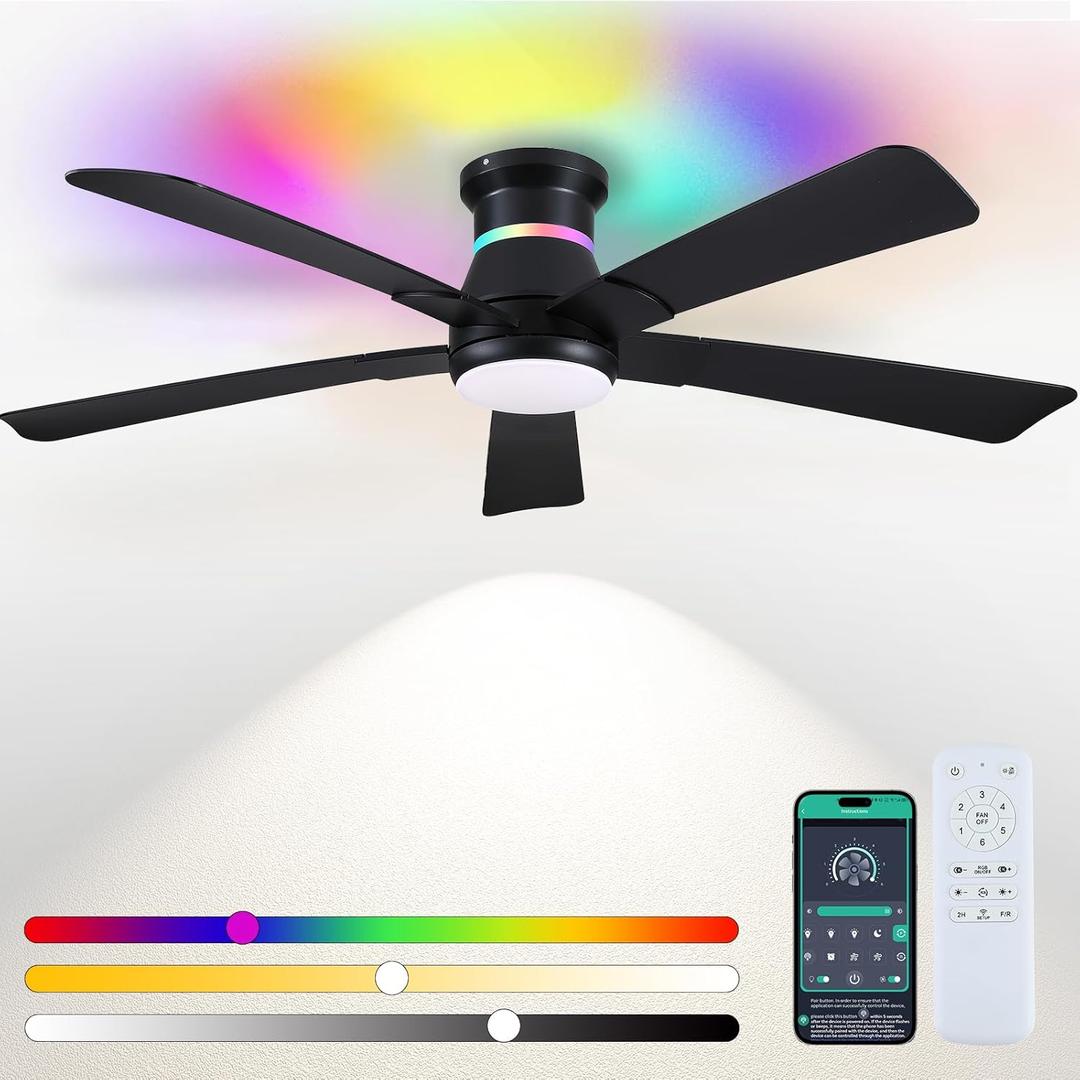 52" Black Ceiling Fans with RGB Lights - Flush Mount Ceiling Fan Light with LED 3CCT Dimmable, Modern Low Profile Ceiling Fans for Indoor Party,Covered Outdoor