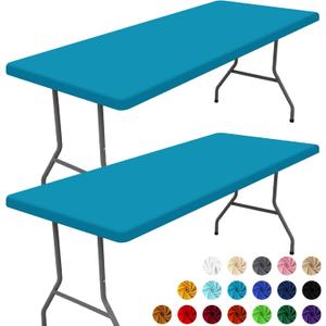 Moosfor Spandex 4 Foot Rectangle Table Cloth 2 Pack, Elastic Fitted Tablecloths for Picnic, Stretch Washable Patio Table Cover for Outdoor, Camping, Banquet and Parties (Teal, 30"x48")