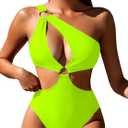 Hilinker Womens Cut Out Sexy One Piece Swimsuit Monokini One Shoulder Tummy Control Bathing Suits, Green (XL)