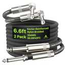 Right Angle Guitar Cable 6.6ft 2 Pack, Nylon Braided Anti-Kinking Kevlar-Reinforced, 20 AWG 99.99% OFC 1/4 Instrument Cable, AL & OFC Shielded Guitar Cord for Fender Electric Guitar (Black)