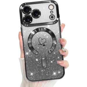 Bonoma Compatible with iPhone 17 Pro Max Case 2025 Support for MagSafe, Plating Heart Glitter Magnetic Case TPU Camera Protection Back Cover for Phone Case -Black