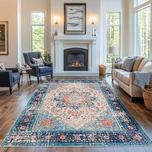 Living Room Rugs 5x7 Washable Boho Area Rug Vintage Low Pile Playroom Mat Indoor Floor Carpet Boho Rugs for Bedroom Entryway Laundry Room(Multi Color,5x7ft)