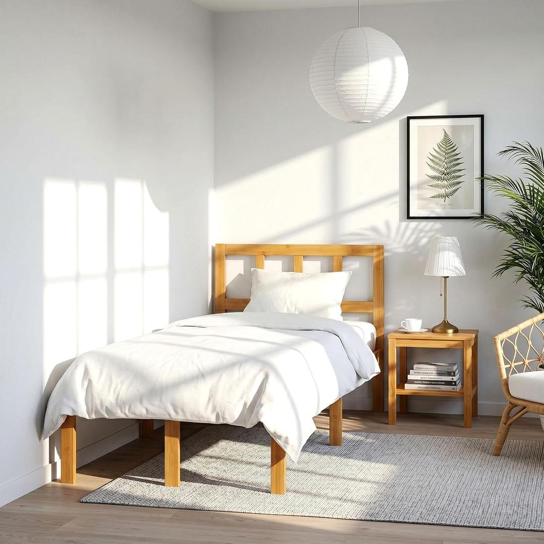14 in Twin Size Bamboo Platform Bed Frame with Tall Headboard, Natural | 100% Natural Solid Bamboo, No Box Spring, Non-Slip Slats Support, Heavy Duty Noise-Free