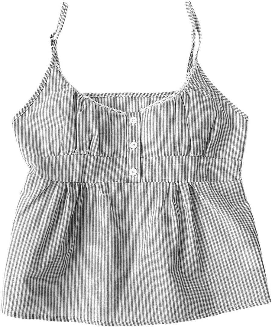 Women's Striped Button Front Flared Camisole Tops Shirred Spaghetti Strap Tank Top (S)
