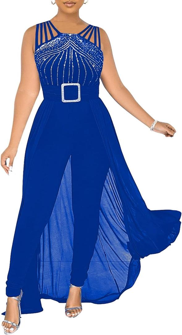chicyes Womens One Piece Elegant Overlay Jumpsuit Dressy Sexy Bodycon Formal Sleeveless Rhinestone Romper Party Outfits (2XL, Blue)