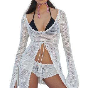 Women Crochet Tunic Beach Cover Up Sexy Front Slit Tie Waist Bikini Bathing Suit Long Sleeve Knit Top Cover Ups (Small, White)