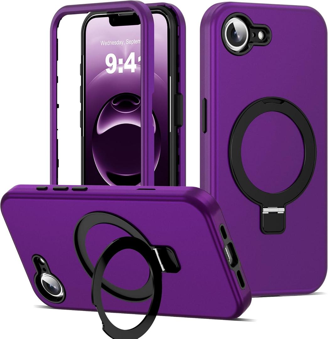 Compatible with iPhone 16E Case 6.1'' with Magnetic Ring Stand [Military Drop Protection][Compatible with Mag-Safe] Shockproof 16E Phone Case for Men Wowen,Purple