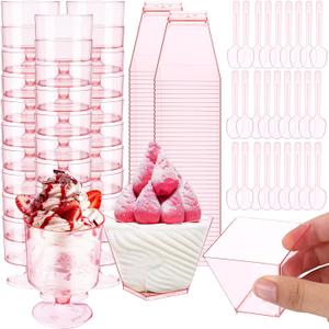 Funnymoom 300 Pack 2oz Mini Dessert Cups with Spoons Small Clear Plastic Dessert Parfait Cup Square Appetizer Pudding Cups Round Goblet Shooters for Pudding Fruit Yogurt Ice Cream Mousse (Pink)