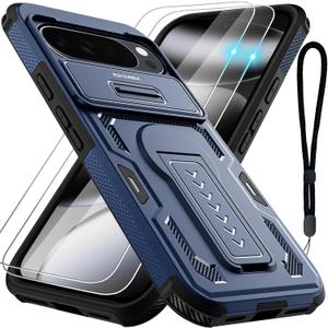 for Google Pixel 10 Pro XL Case with 2 Pack Screen Protector, Upgrade Slide Camera Cover, Kickstand, Lanyard Strap, Military Grade Shockproof Protective Heavy Duty Non-Slip Phone Case, Blue, for Google Pixel 10 Pro XL (6.8 inch)