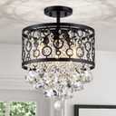 WUZUPS Crystal Drum Chandelier Flushmount Ceiling Light Modern Lighting Fixture for Entry Hallway Kitchen Bathroom Bedroom, H 16.3'' x W 13'', E12 Base, Black, 16.3 inches high, 13 inches wide
