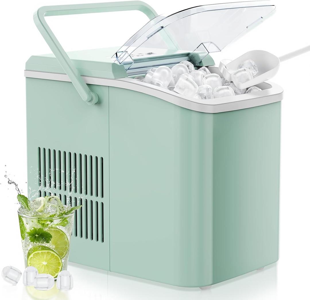 OLIXIS Countertop Ice Maker Machine with Handle, Auto-Cleaning Portable Ice Maker with Basket & Scoop, 26lbs in 24Hrs & 9 Ice Cubes in 6 Mins, 2 Ice Cube Sizes, for Home Party Camping RV, Green (12.3"*8.5"*11.7")