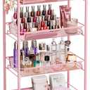 TOOLF 4 Tier Rolling Utility Cart - Durable Metal Design Pink Utility Cart, Storage Trolley on Wheels with 3 Hooks, Perfect for Kitchen, Bathroom & Laundry Room Organization