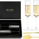 AW BRIDAL Engagement Gifts for Couples Mr and Mrs Champagne Flutes, Bride and Groom Champagne Glasses with Gold Wedding Cake Knife for Bridal Shower, Mr and Mrs Gifts for Couple Anniversary Wedding (Set of 4Gift box)