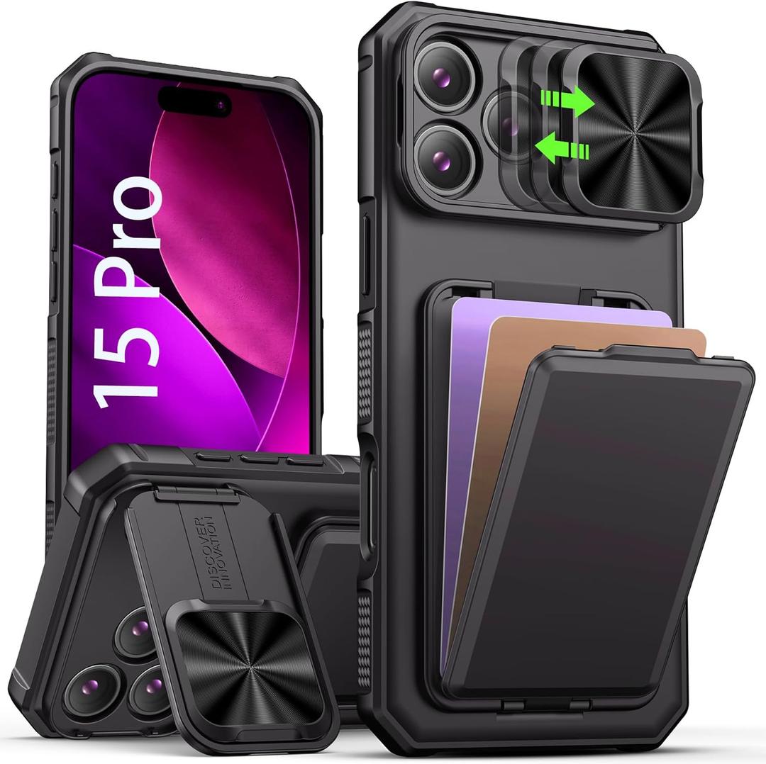 SSLOTSCASE for iPhone 15 Pro Case with Card Holder & Stand, Dark Black
