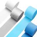 5 x Blue Crepe Paper Streamers 4 Rolls 328ft, Silver White Crepe Paper for Birthday Party Decorations, Wedding Anniversary Engagement Baby Shower Decors DIY Supply for Flower Making (1.8 in x 82 Ft/Roll)