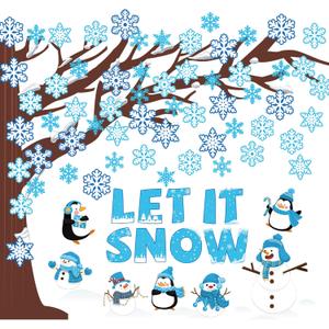 94 Pcs Winter Classroom Bulletin Board Decoration Snowflake Tree Let it Snow Classroom Decor Snowflake Snowman Penguin Paper Cutouts for Winter Christmas Classroom Home Wall Window Decor