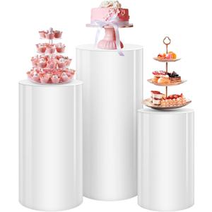 Sef of 3 White Cylinder Cake Pedestal Stands Cover