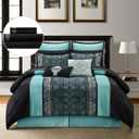 Grand Avenue Black & Teal Comforter Set King Size, Classic Jacquard Bedding Sets, Faux Silk, Premium Microfiber, 12 Pieces Bed in a Bag, Matching Fitted Sheet, Flat Sheet