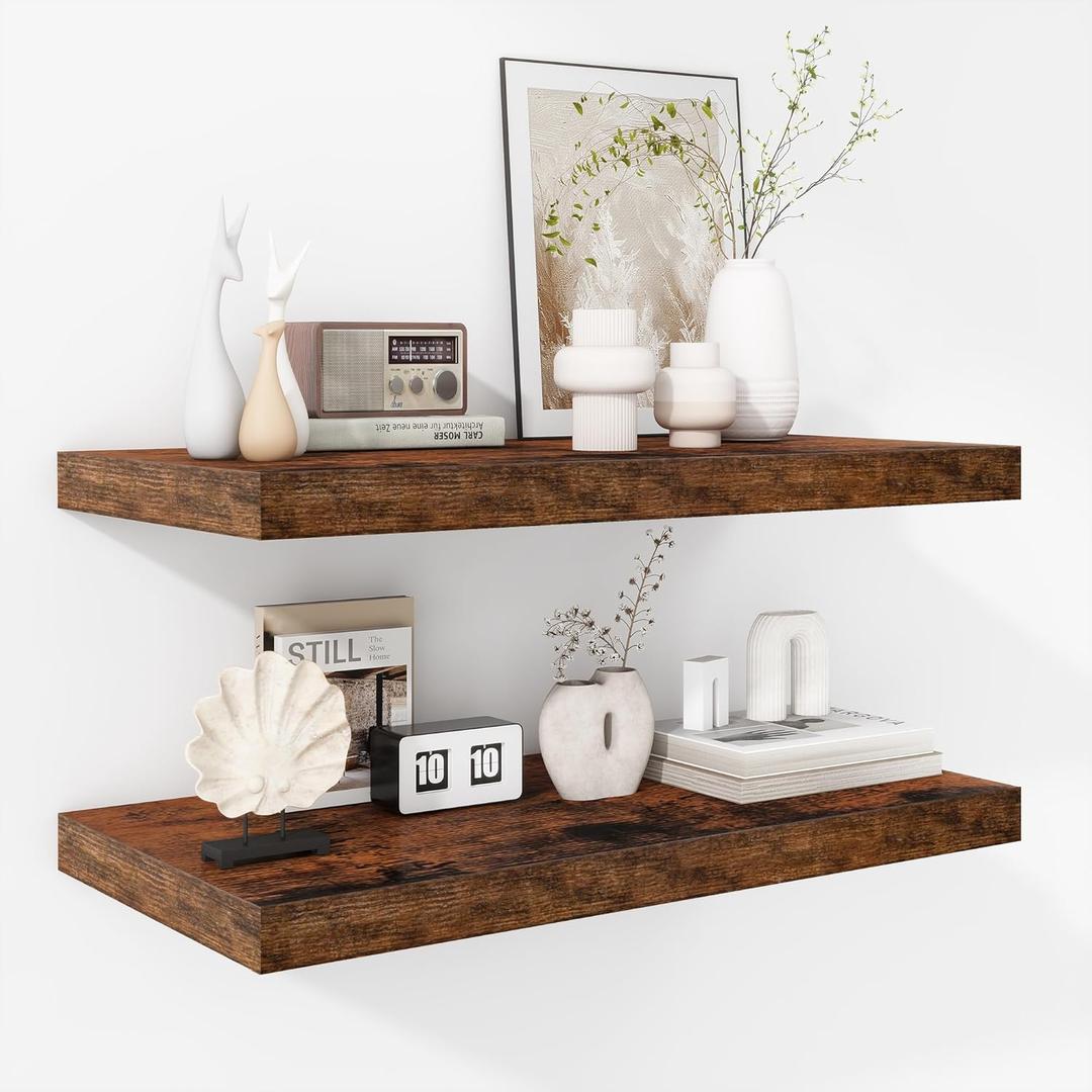 Fun Memories Floating Shelves - 2 Pack 12 Inch Deep Rustic Wooden Wall Shelves - Extra Deeper & Thicker Wall Mounted Storage Shelf for Living Room, Kitchen, Farmhouse - 24" W x 12" D x 1.5" H - Brown (24"W x 12"D - 2P, Rustic Brown)