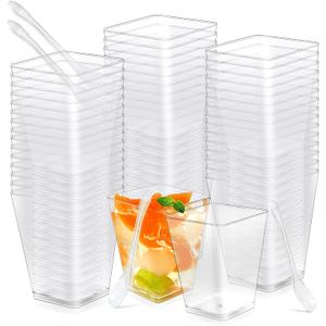 Oomcu 50 Pack 5 oz Square Clear Plastic Dessert Cups with Spoons  Disposable Appetizer Cups for Parties, Yogurt Parfait, Ice Cream, Pudding,Mousse, Salad, Veggies, Snack, Mini Dessert Serving Bowls