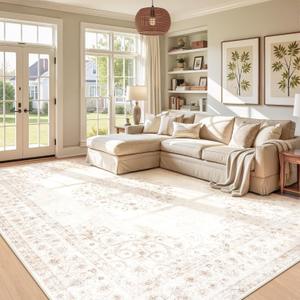 Area Rug 9x12 Vintage Rug: Large Washable Indoor Medallion Rugs Low Pile Distressed Floor Carpet Retro Accent Rug for Living Room Bedroom Kitchen Dining Table Home Office(Distressed Beige, 9'x12')