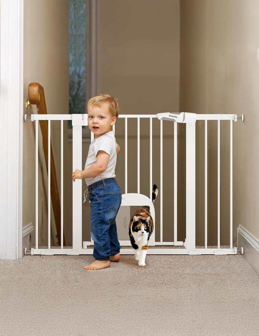 Babelio Upgraded Baby Gate with Cat Door, Auto Close Durable Dog Gate for Stairs, Doorways and House, Easy Walk Thru Safety Gate with Pet Door Includes 4 Wall Cups, 29-48" Wide, 30" Tall, Black