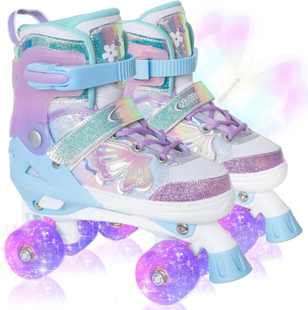 Nattork Kids Roller Skates for Girls Boys Kids, Quad Skates Butterfly and Flower with All Light up Wheels - Birthday Gift for Indoor Outdoor Sports (Large(5-8US), Purple)