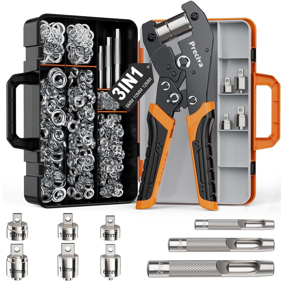 Preciva 3-Size Grommet Tool Kit - 1/2" 1/4" 3/8" Hole Punch & Eyelet Setting Tool with 300Pcs Grommets | Handheld Eyelet Plier for Tarps, Tents, Canvas, Vinyl & Leather Crafting