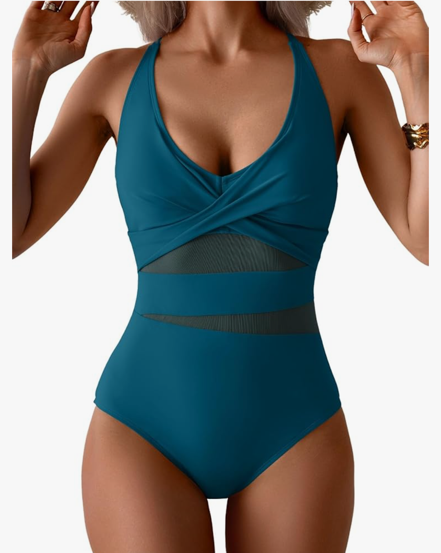Aidonger One Piece Swimsuit for Women Tummy Control Sexy Mesh Bathing Suit V Neck Tie Back Swimwear Blue, Size 2XL
