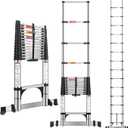 DEZEX 16.5 FT Telescoping Ladders Stainless Steel Telescopic Ladder - Multi-Button Retraction Collapsible Ladder for Home,RV,Loft, Lasts 375 LBS with 2 Triangle Stabilizers,Balance Bar and Wheels