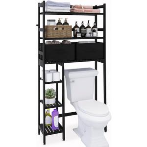 SMIBUY Over-The-Toilet Storage Rack, 6-Tier Bamboo Large Bathroom Organizer with Side Shelves and 2 Drawers, Stable Freestanding Space Saver for Bathroom, Laundry Room(Black)