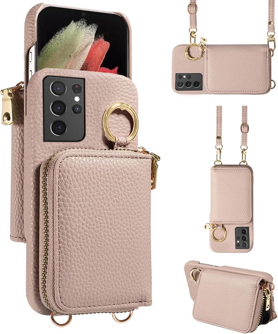 Wallet Case for Samsung Galaxy S21 Ultra 5G with Shoulder Strap Ring Buckle, Luxury PU Leather Zipper Flip Organ Purse, Card Holder Stand Cell Phone Cover for S21ultra 21S S 21 21ultra G5 Khaki