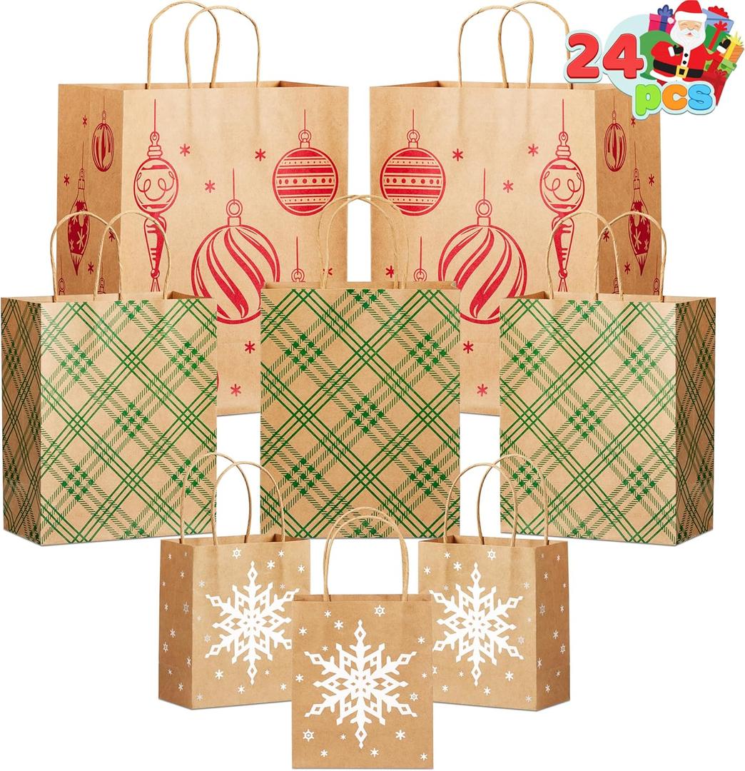 JOYIN 24 PCS Christmas Kraft Gift Bags Assorted Sizes, Reusable Holiday Paper Presents Wrapping Bags with Handles for Party, Birthday, Festival Classroom Treat Candy and Party Favors