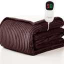 Homemate Heated Blanket Electric Throw - 50"x60" Heating Blanket Throw 1/2/4/6/8 Hours Auto-Off 10 Heat Levels Over-Heat Protection Soft Flannel Sherpa ETL Certification (09 - Chestnut(striped))