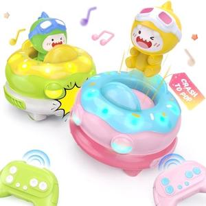 DEERC 2 Pack Remote Control Ejecting Bumper Car,RC Car Toys with LED Lights&Music, RC Battle Stunt Race Cars, Christmas Birthday Gifts Toys for Ages 6+ Year Old Girls Boys