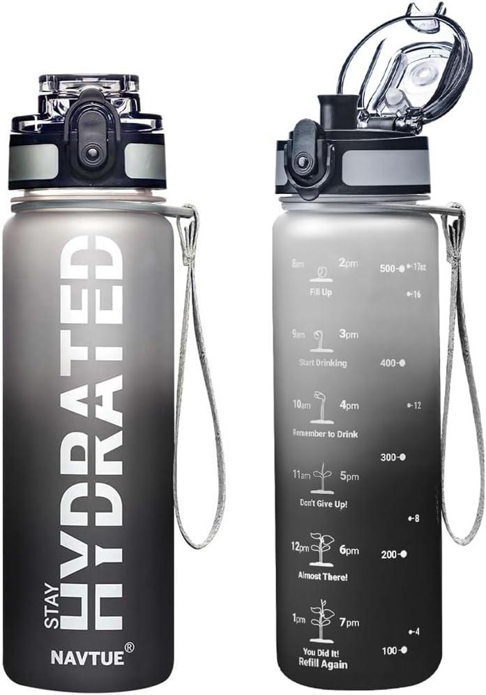 Water Bottle, 16.9 OZ Sports Water Bottles with Time Marker Wide Mouth, Motivational and Leakproof Drink Bottle, BPA Free Tritan with Carry Strap for Gym Fitness Outdoor(1 Bottle)