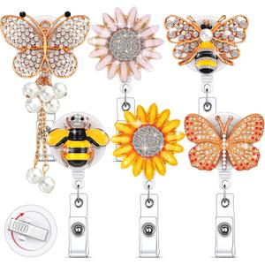 Chinco 6 Pack Retractable Badge Reel for Nurses Teachers, Rhinestone Bling ID Badge Holder with Clip, Cute Sunflower Butterfly Design, Nurse Accessories Gifts for Women