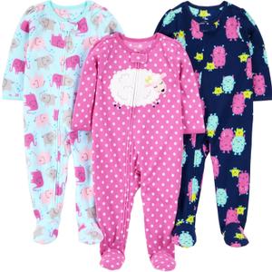 Simple Joys by Carter's girls Loose-Fit Flame Resistant Fleece Footed Pajamas (2T, Blue Elephant/Navy Monster/Pink Dots)